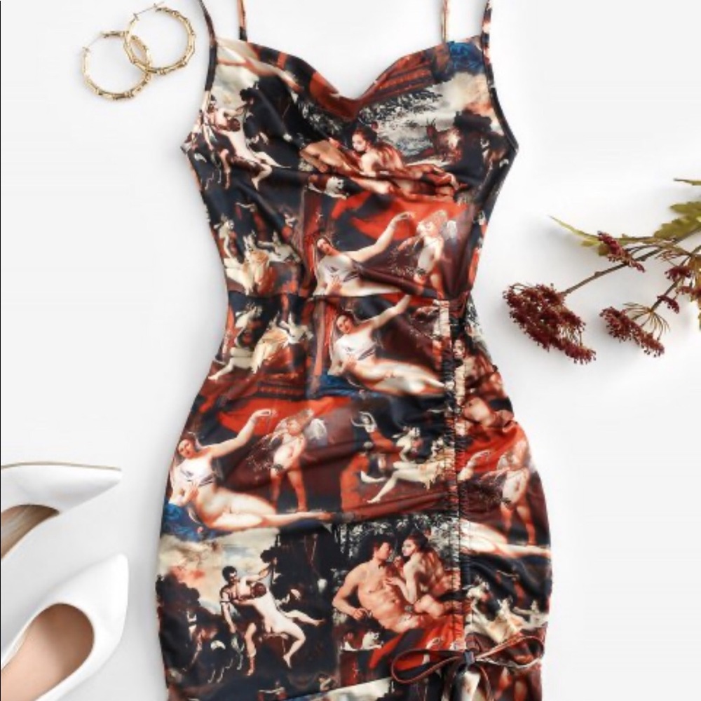 Cinched Ruffle Hem Open Back Angel Print Dress